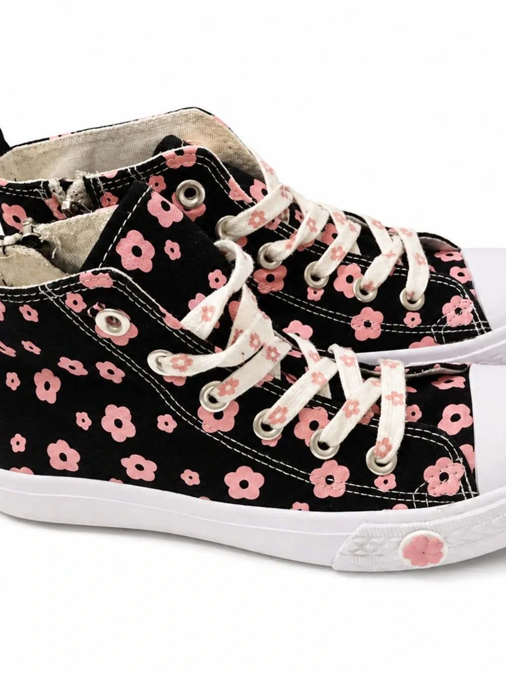 Black High-Top Sneakers with Pink Floral Print - Picture 2 of 2
